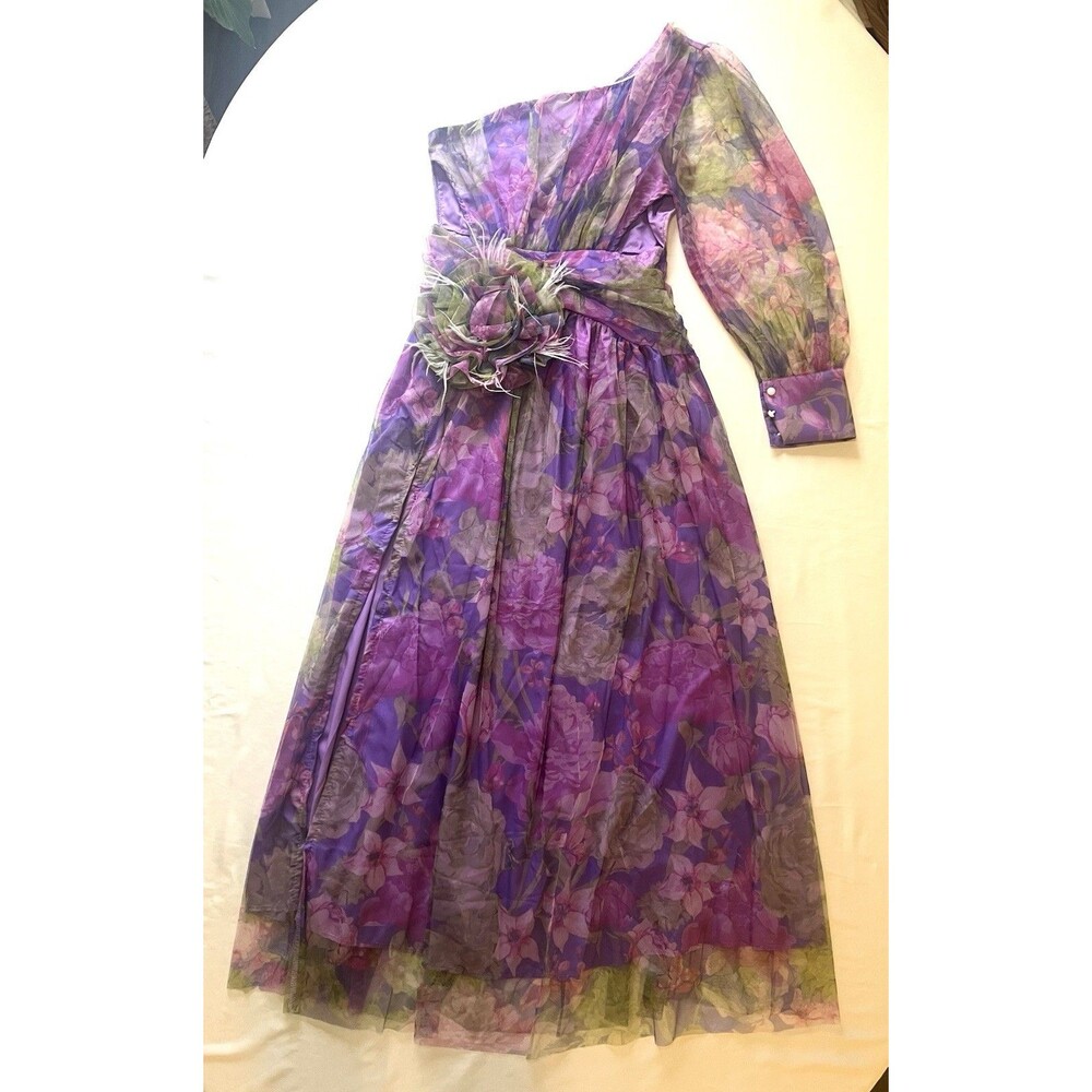 Floral One Shoulder Maxi Dress 4 S Purple Chiffon Rosette Boutique Retro Glam